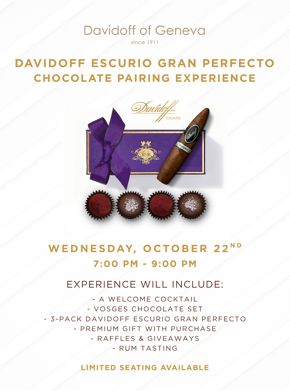 Davidoff Escurio Gran Perfecto Chocolate Pairing Experience promo October 22nd, 2025 7:00PM