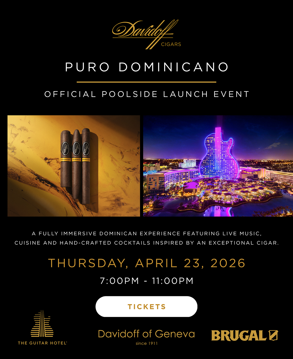 Promo flyer for Davidoff Cigars Puro Dominicano Launch Event April 23rd, 2026 at 7:00pm - 11:00pm opens new window link to eventbrite for tickets